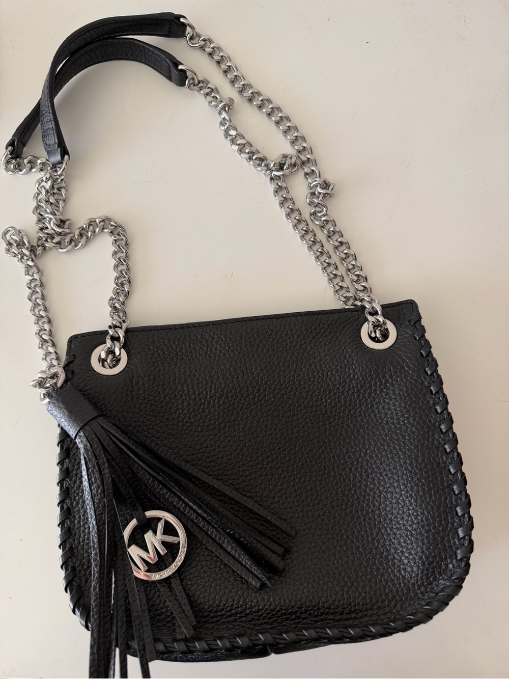 Michael Kors Black Pebbled Leather Crossbody with Tassel & Silver Chain
